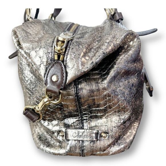 Cole Haan Reptile Embossed Gold Slouchy Convertible Satchel Bag Vintage Large - Picture 5 of 14
